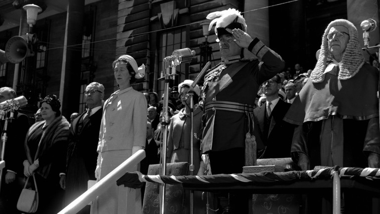 Sir Guy Powles on the dais at his swearing-in ceremony at Parliament 1962
